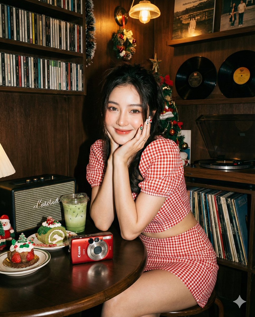 Y2K娃娃脸女子圣诞咖啡馆肖像