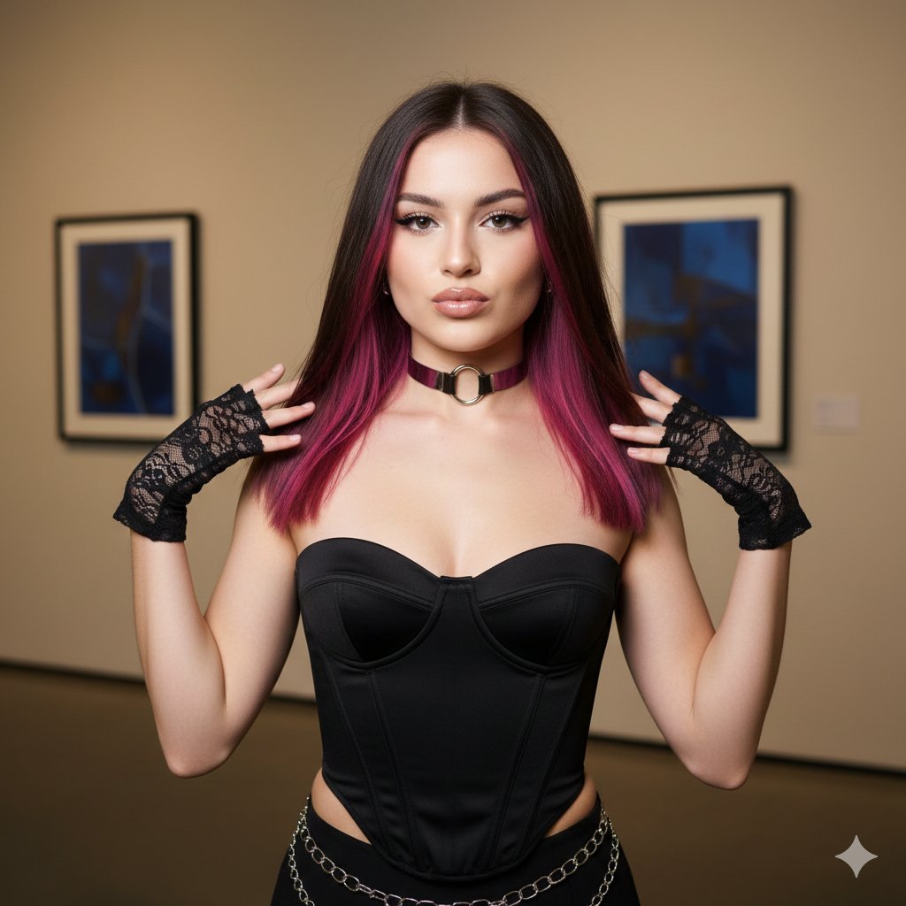 Y2K闪光灯下的电光紫发时尚辣妹