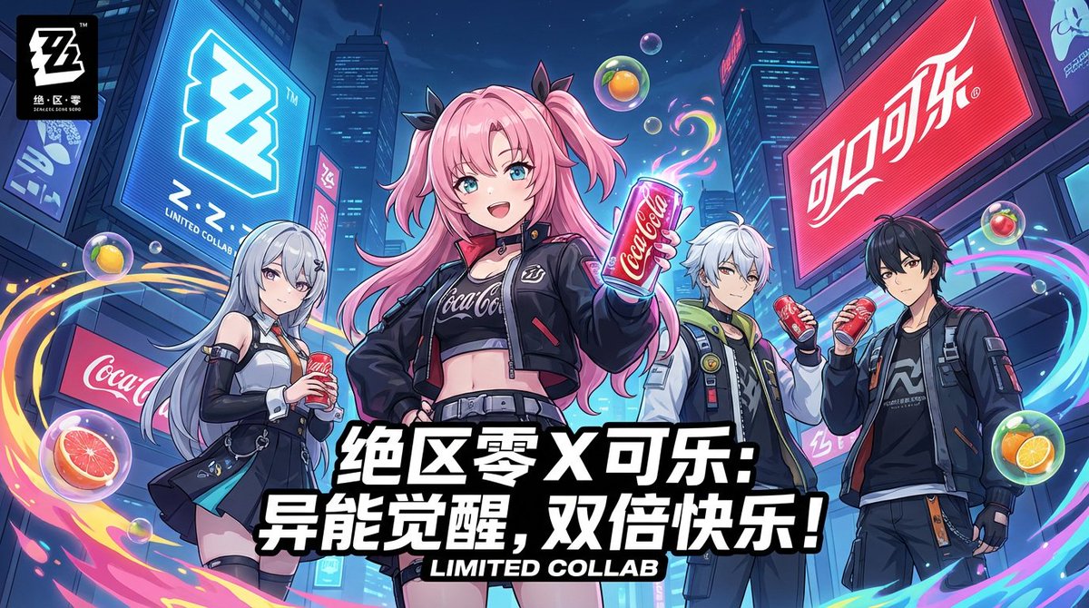绝区零X可乐联动：动漫风格角色与霓虹夜景海报