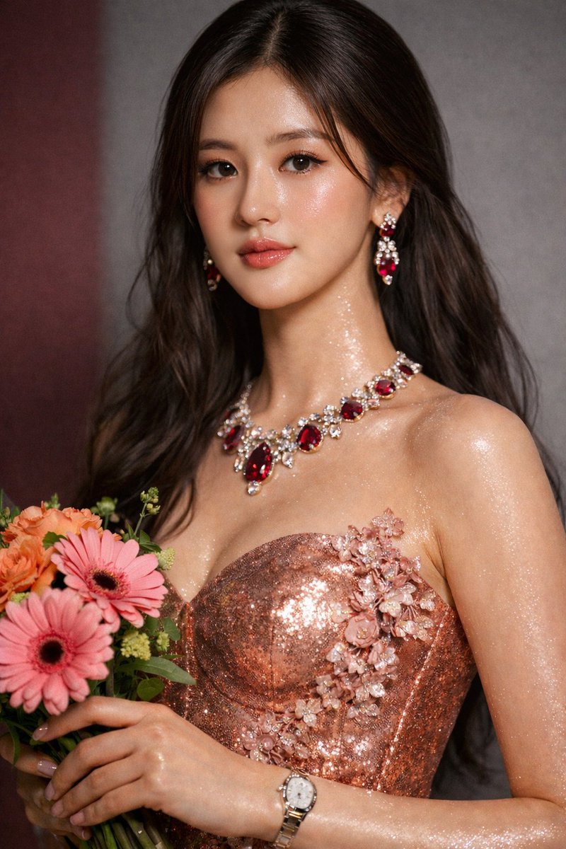 赵露思玫瑰金高定红毯微距特写