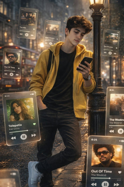 漂浮的Spotify卡片与伦敦街景