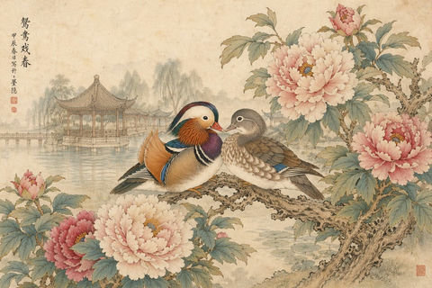 湖畔牡丹鸳鸯工笔重彩图