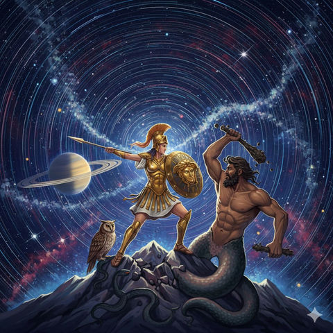 土星星空下的雅典娜大战恩克拉多斯