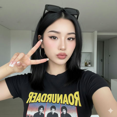 韩系混血甜酷女孩居家对镜比耶特写