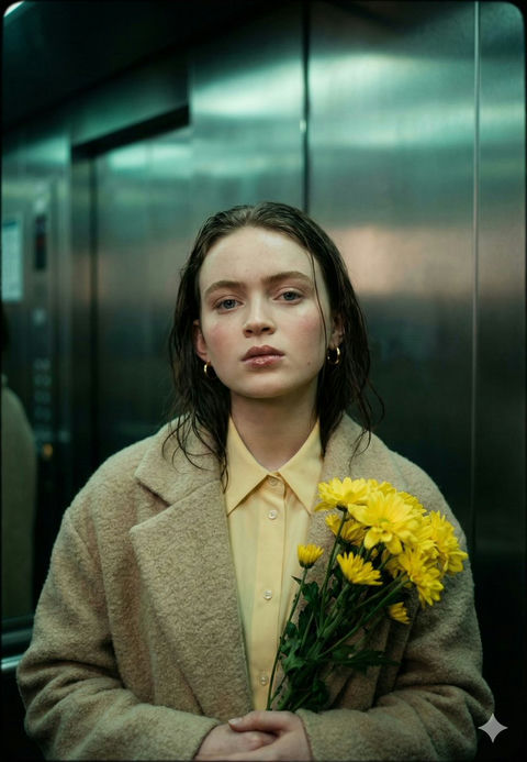 电梯间手持黄花的电影感忧郁少女