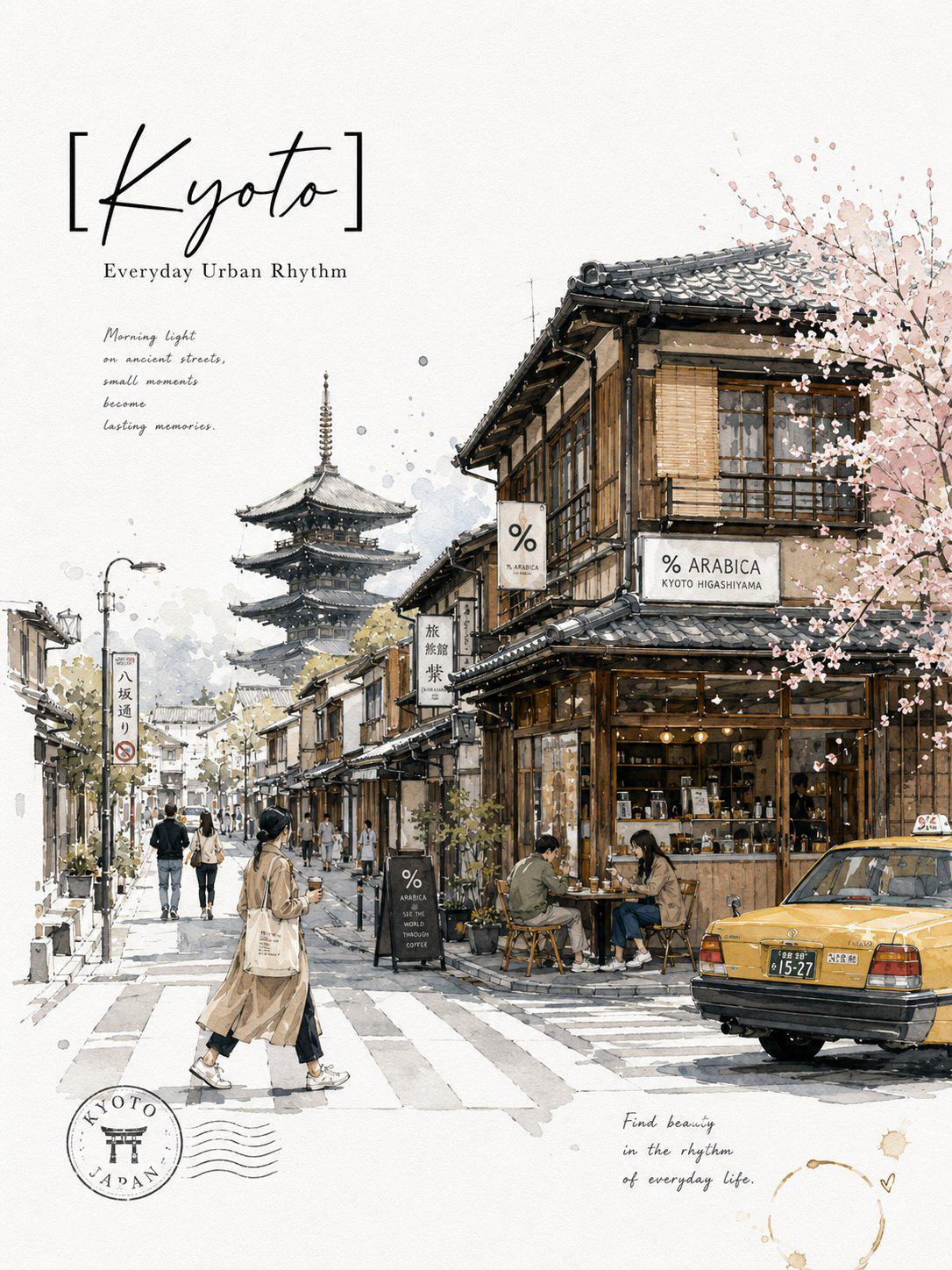 京都晨光里的极简旅行速写海报
