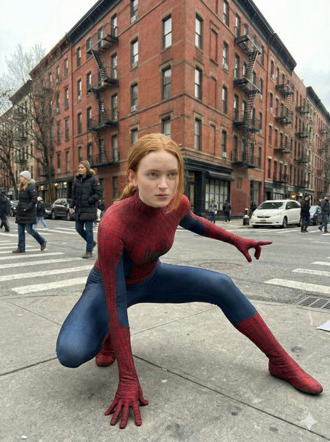 纽约街头喝咖啡的红发蜘蛛侠女孩