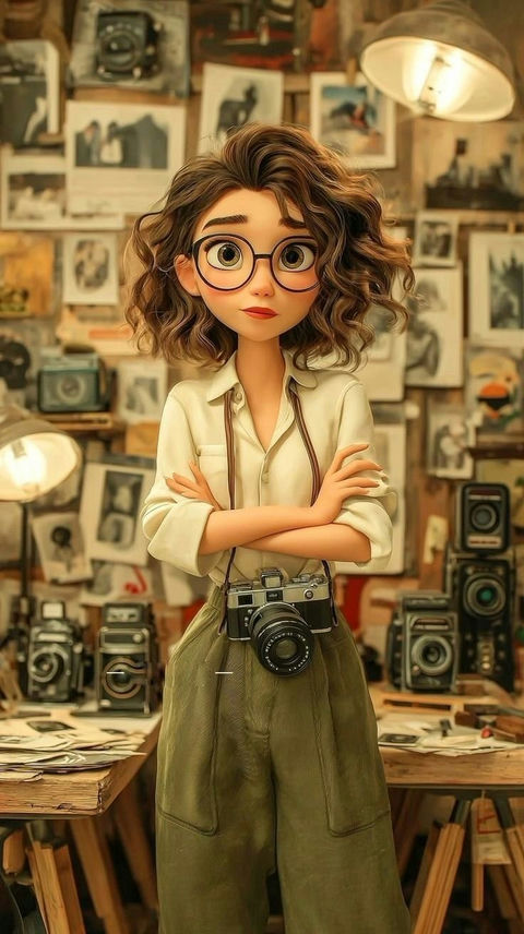 复古摄影工作室中的3D动画女摄影师