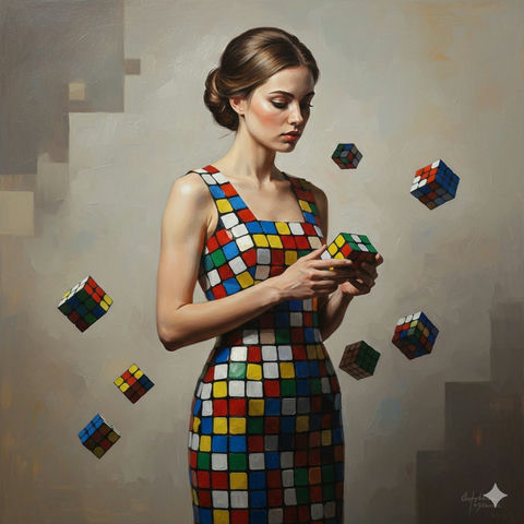 魔方裙少女的超写实油画肖像
