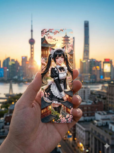 超现实女仆猫耳书签，手握上海日出