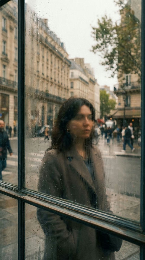 窗玻璃折射的朦胧都市丽人