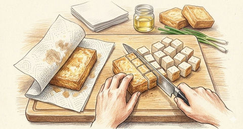 纸巾轻拭吸油利刃切块金黄炸豆腐